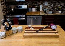 Load image into Gallery viewer, Maple with stripes of Walnut and Padauk Cutting Board
