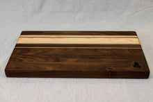 Load image into Gallery viewer, Walnut with stripes of Maple, and Purple Heart Cutting Board