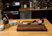 Load image into Gallery viewer, Walnut with stripes of Maple, Padauk, and Purple Heart Cutting Board