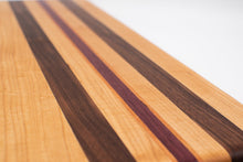 Load image into Gallery viewer, Maple with stripes of Walnut, Cherry, and Purple Heart Cutting Board