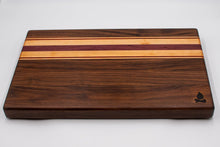 Load image into Gallery viewer, Walnut with stripes of Maple, Padauk, and Purple Heart Cutting Board