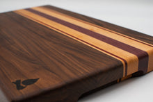 Load image into Gallery viewer, Walnut with stripes of Maple, Padauk, and Purple Heart Cutting Board