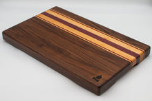 Load image into Gallery viewer, Walnut with stripes of Maple, Padauk, and Purple Heart Cutting Board