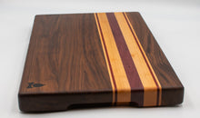 Load image into Gallery viewer, Walnut with stripes of Maple, Padauk, and Purple Heart Cutting Board