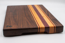 Load image into Gallery viewer, Walnut with stripes of Maple, Padauk, and Purple Heart Cutting Board