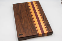 Load image into Gallery viewer, Walnut with stripes of Maple, Padauk, and Purple Heart Cutting Board