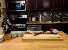 Load image into Gallery viewer, Maple with stripes of Walnut, Cherry, and Purple Heart Cutting Board
