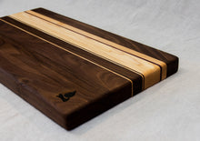 Load image into Gallery viewer, Walnut with stripes of Maple, and Purple Heart Cutting Board
