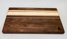 Load image into Gallery viewer, Walnut with stripes of Maple, and Purple Heart Cutting Board
