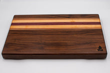 Load image into Gallery viewer, Walnut with stripes of Maple, Padauk, and Purple Heart Cutting Board

